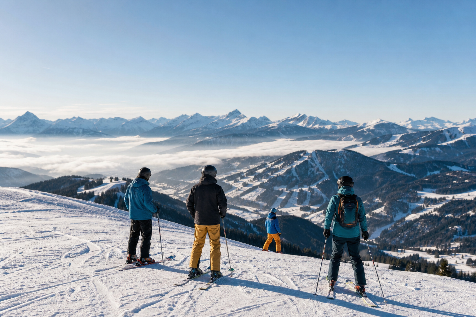 Vier skiërs kijken vanaf een besneeuwde piste uit over een bergdal