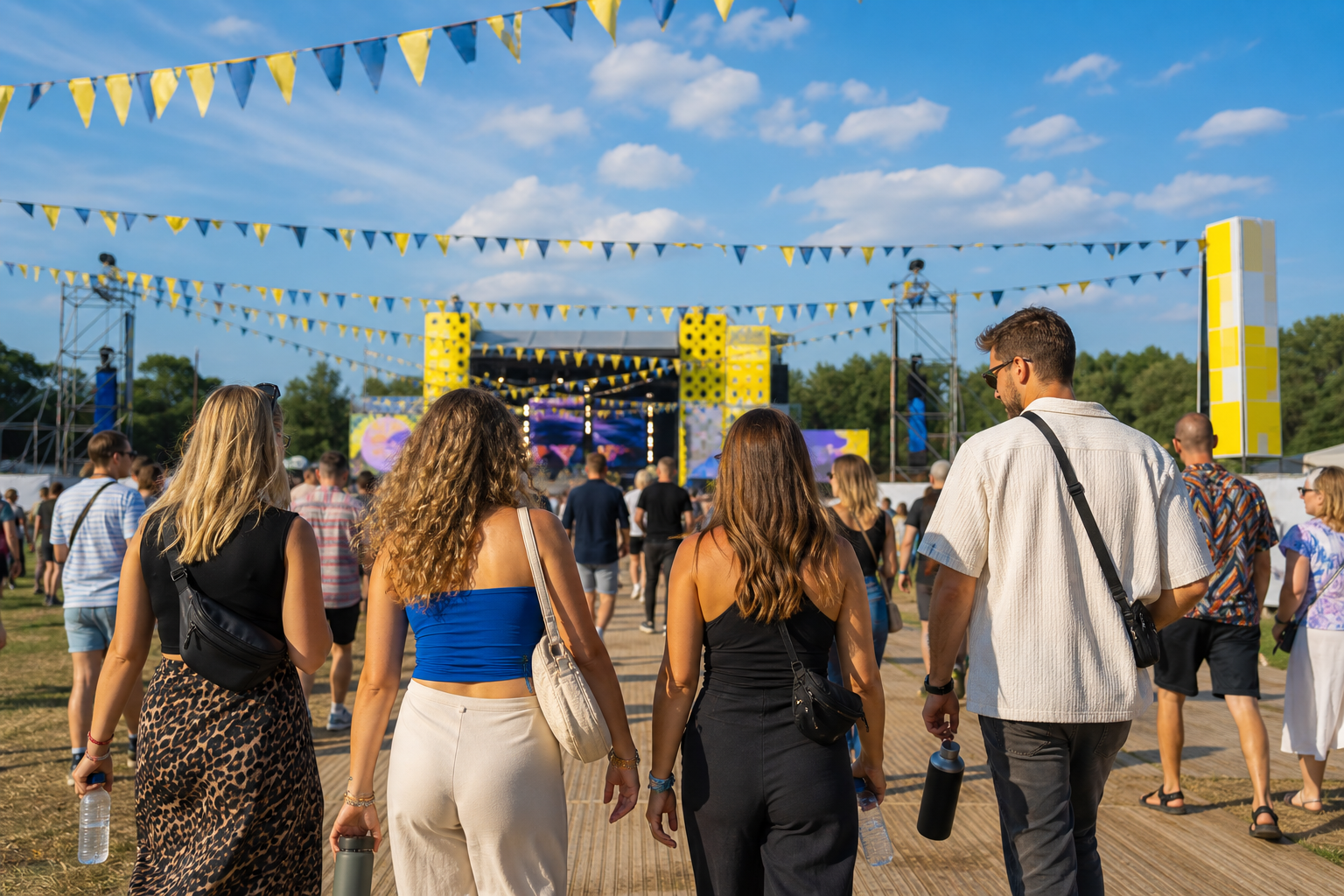 Vrienden lopen op een zonnige middag naar een openluchtfestival met blauwe en gele vlaggetjes