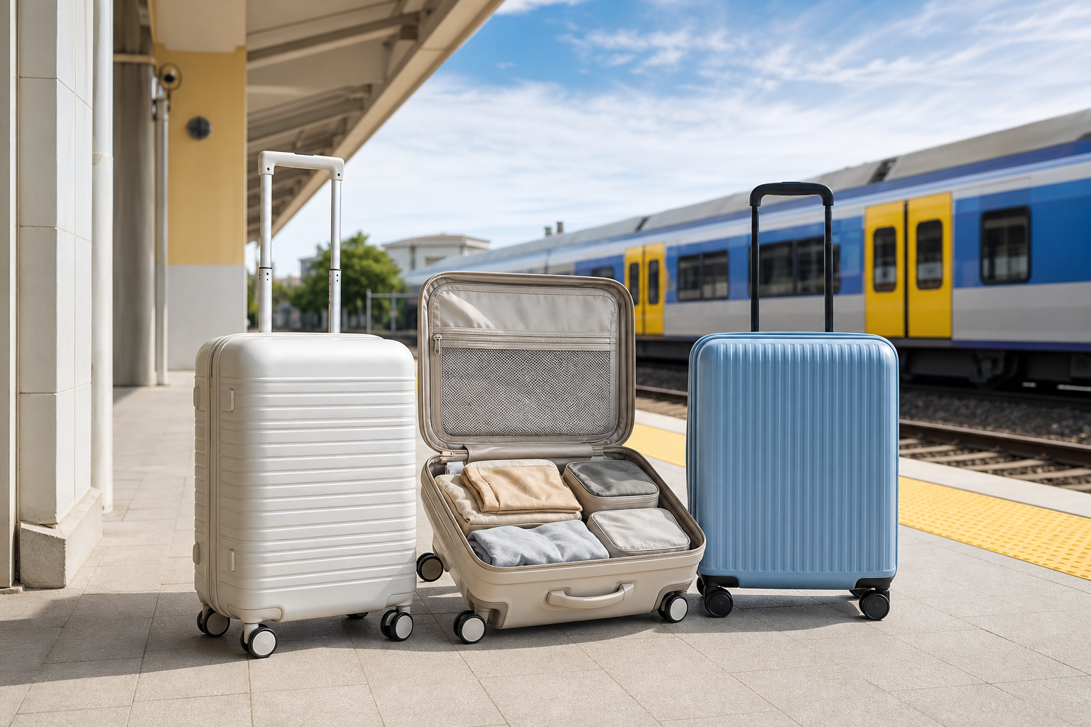 Drie verschillende handbagagekoffers staan op een licht perron naast een trein