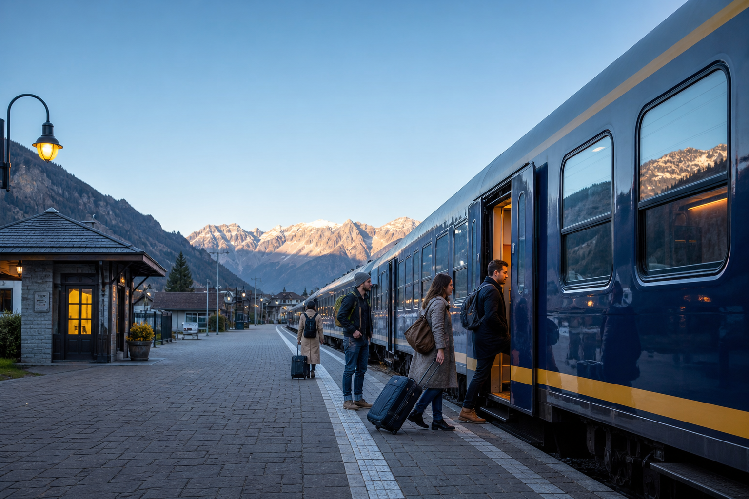 Reizigers stappen bij zonsopkomst in een nachttrein op een klein bergstation
