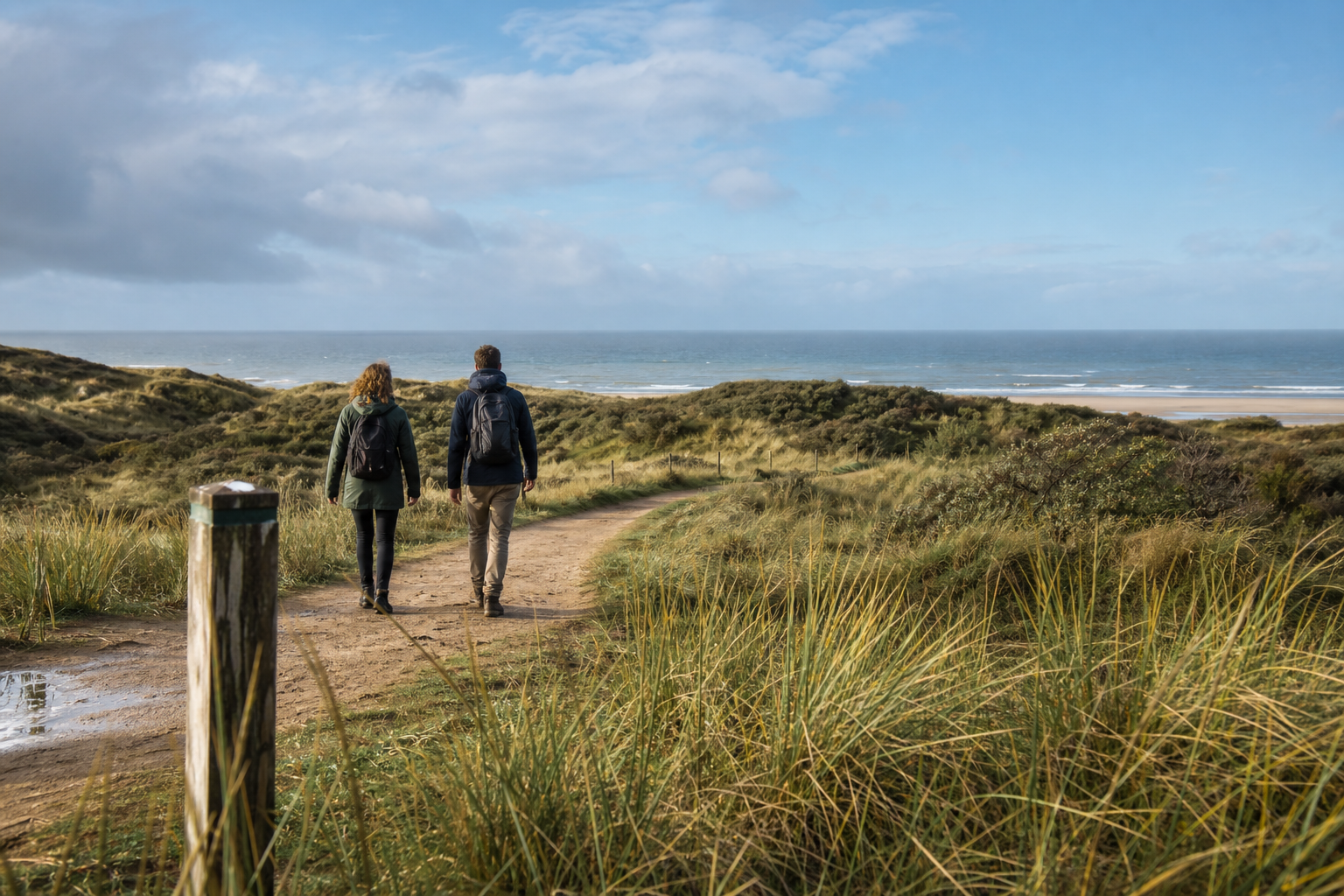 Twee wandelaars volgen een duinpad richting de Nederlandse kust